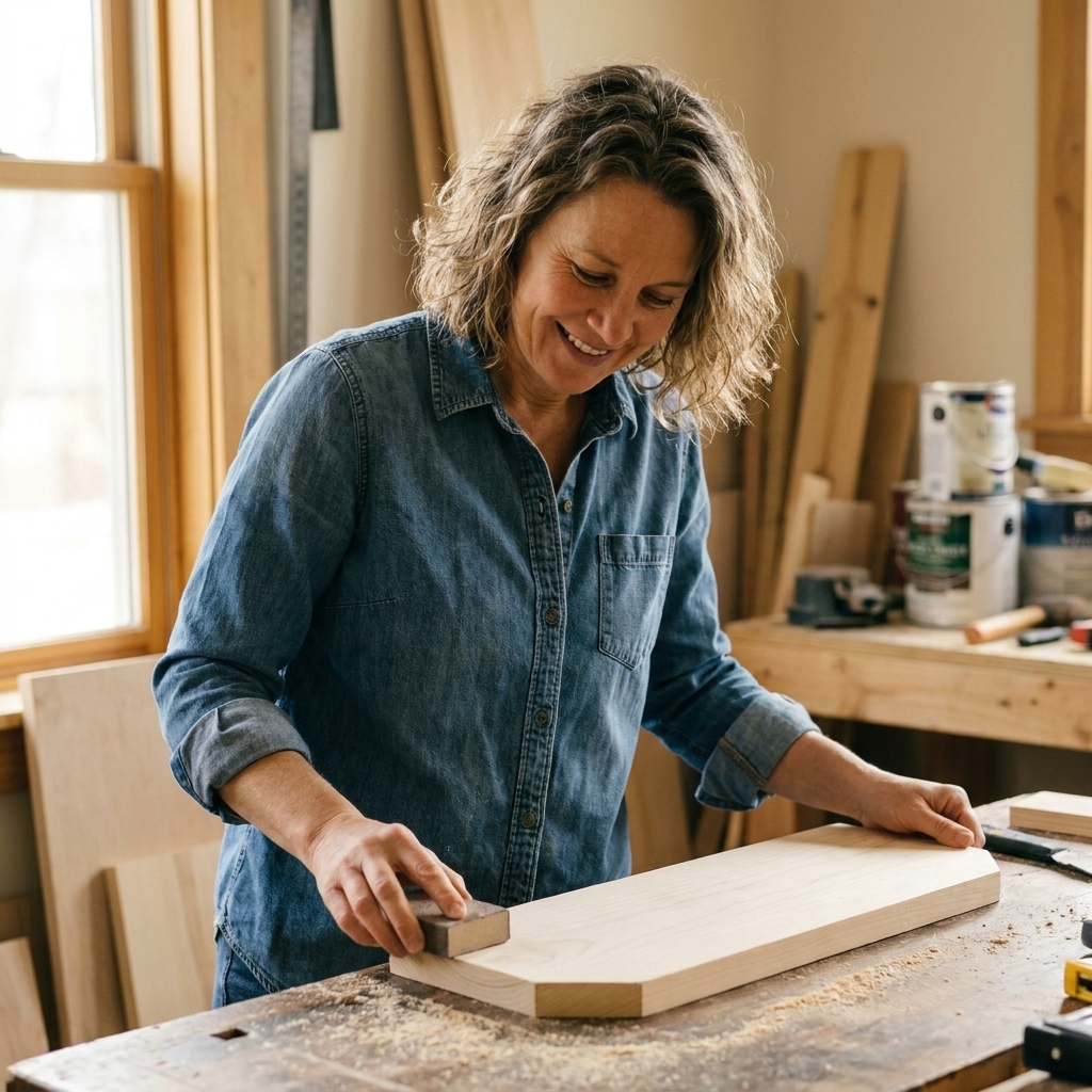 A crafter lightly sanding an unfinished wood sign blank with a small sanding block on a workbench