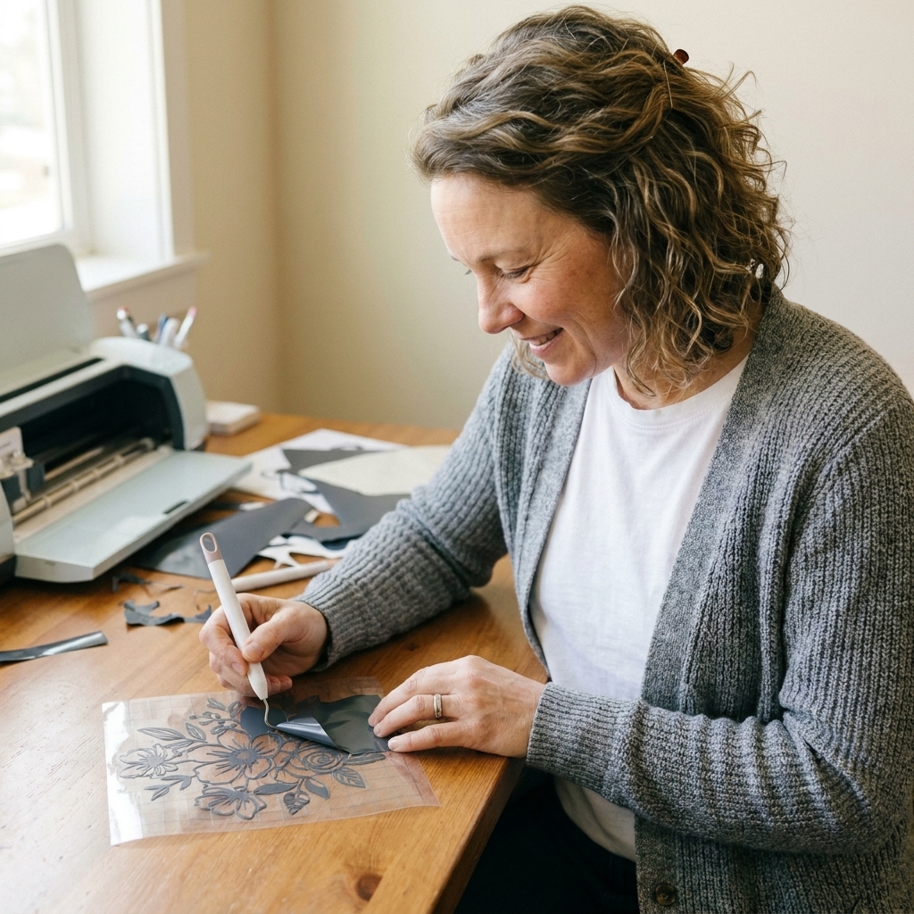 A crafter peeling away the excess background vinyl from a detailed decal while the design remains adhered to clear transfer tape