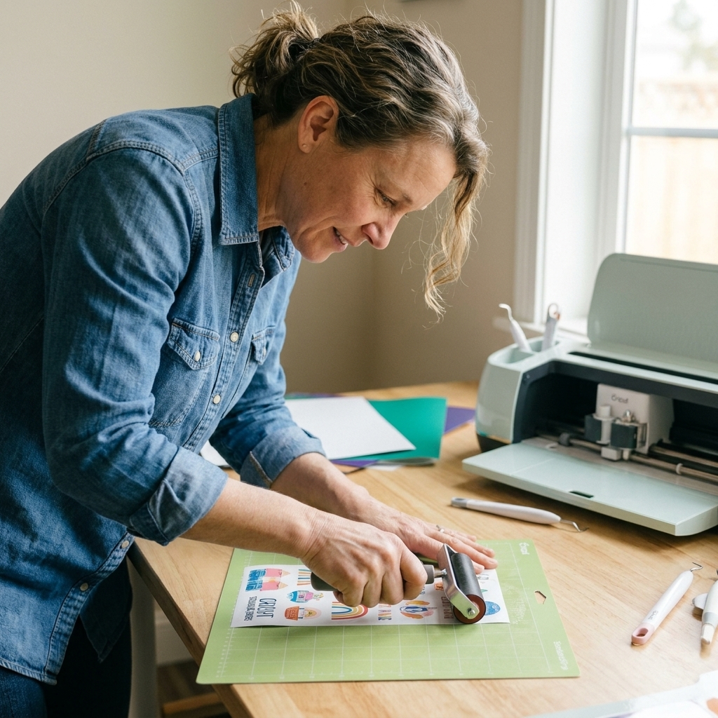 A crafter using a brayer roller to press a printed sticker sheet firmly onto a Cricut mat so it lies completely flat