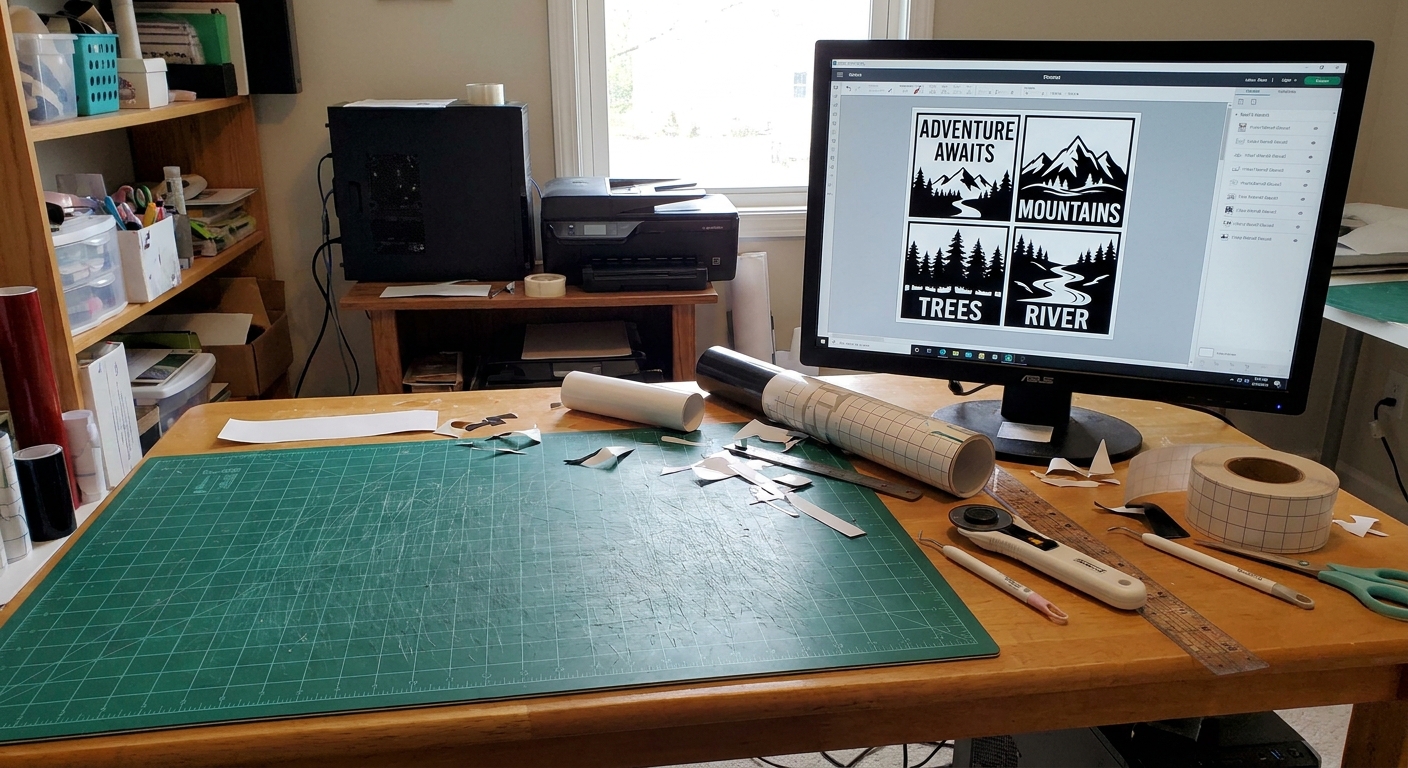 A cutting mat on a craft table with a large vinyl wall decal design split into multiple panels on the computer screen nearby, showing a real crafting workspace
