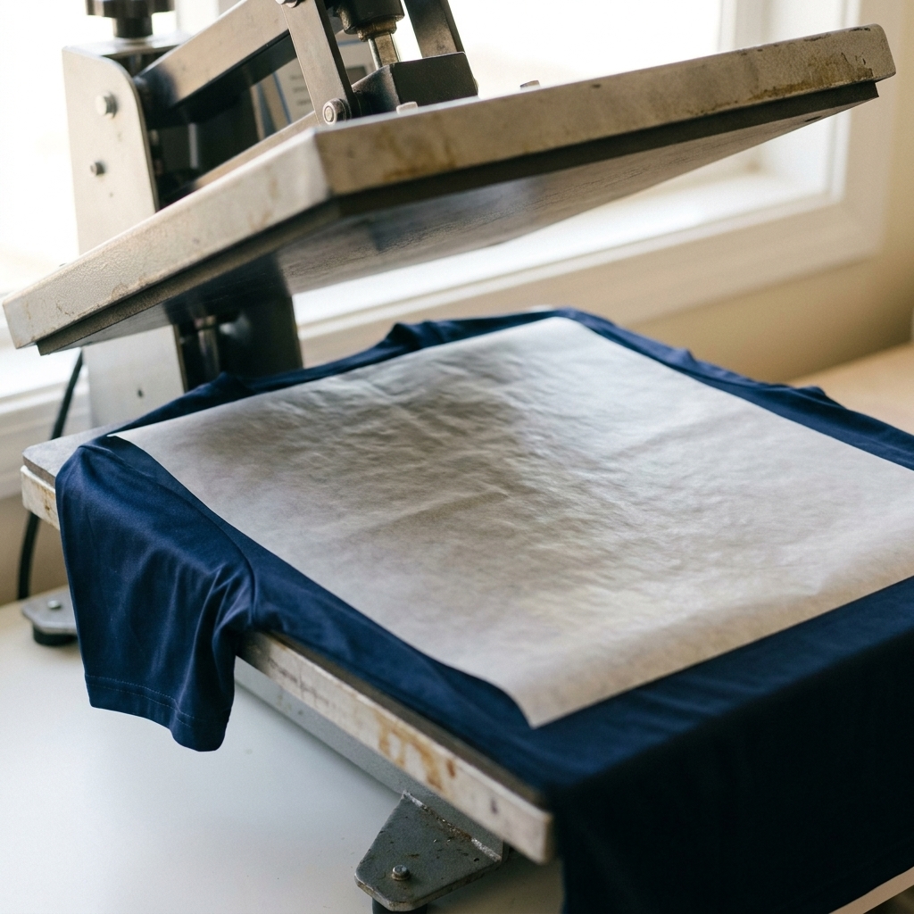 A dark polyester performance t-shirt laid flat on a heat press platen with a protective sheet on top to reduce press marks