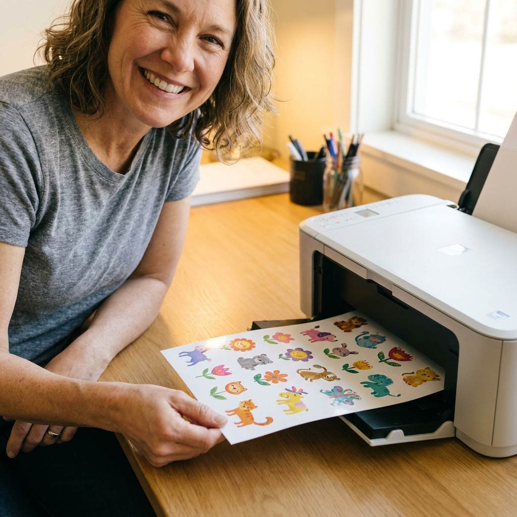 A desktop inkjet printer feeding a sheet of white sticker paper with a colorful sticker design printed on it