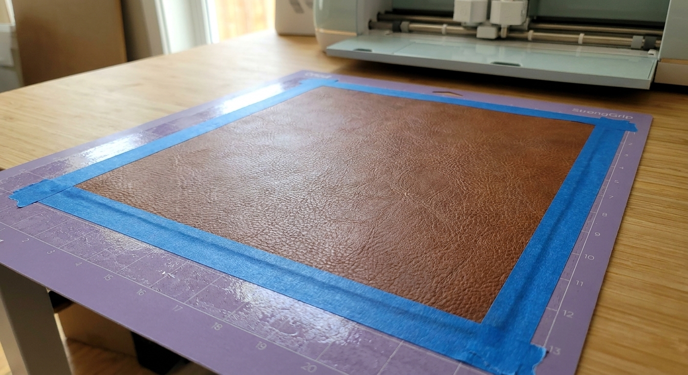 A faux leather sheet secured on a purple StrongGrip mat with blue painters tape around the edges, ready for a Cricut cut