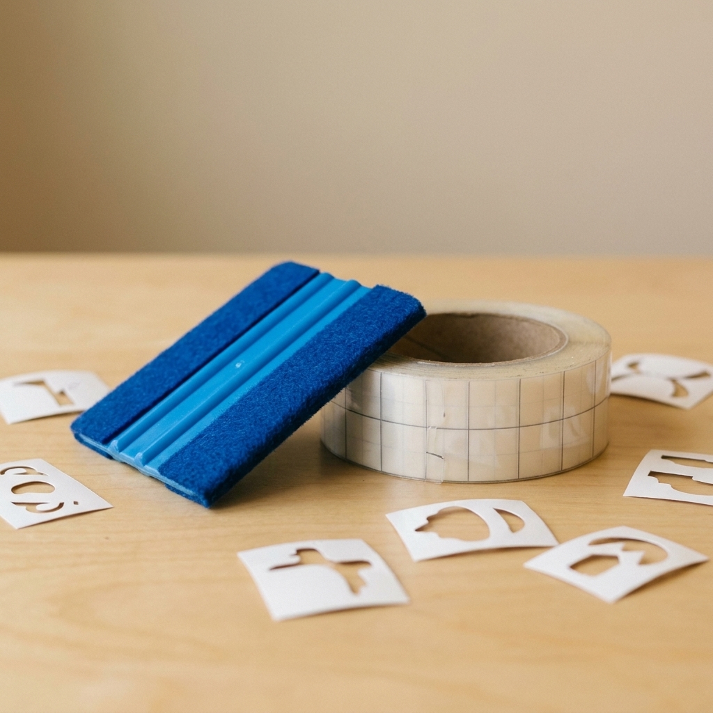 A felt-edged squeegee style scraper tool resting next to a roll of clear transfer tape and weeded vinyl pieces on a craft table