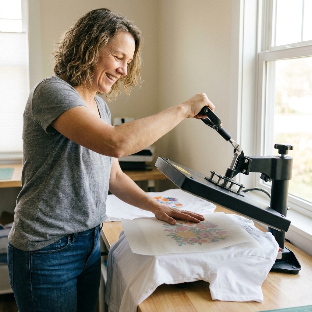 A finished iron-on vinyl design being pressed onto a cotton T-shirt with parchment paper on top, using a clamshell heat press