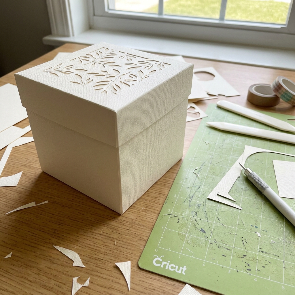 A finished square cardstock gift box with a fitted lid sitting on a craft table next to a Cricut cutting mat and a scoring stylus
