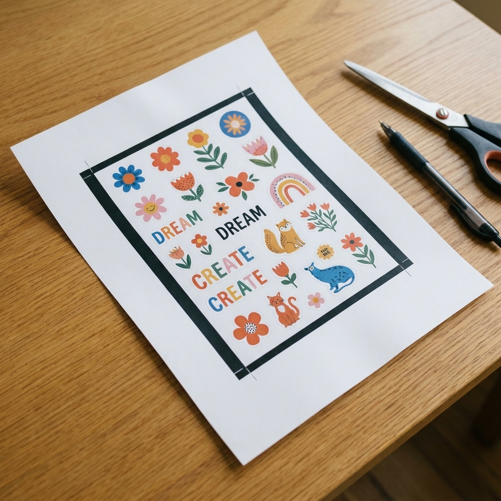 A freshly printed Print Then Cut page with a black registration box around a sticker sheet lying flat on a table