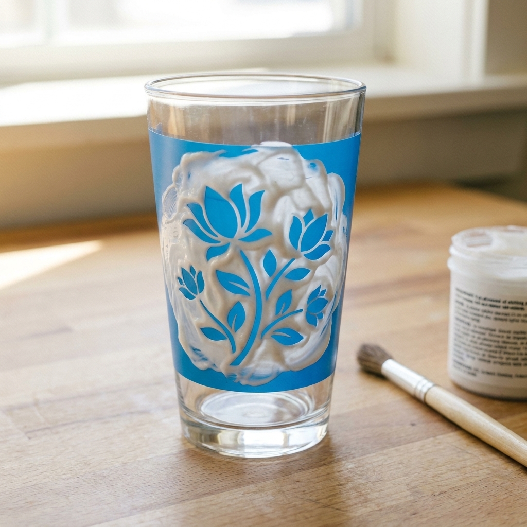 A glass tumbler with a vinyl stencil applied, with a thick layer of etching cream dabbed over the exposed design area