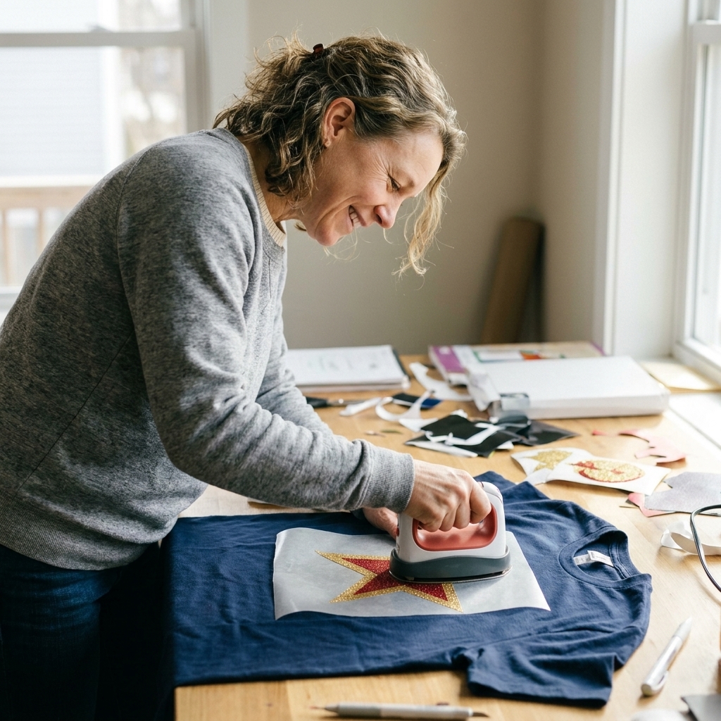 A glitter HTV design being pressed onto a cotton t-shirt with a handheld heat press on a craft table