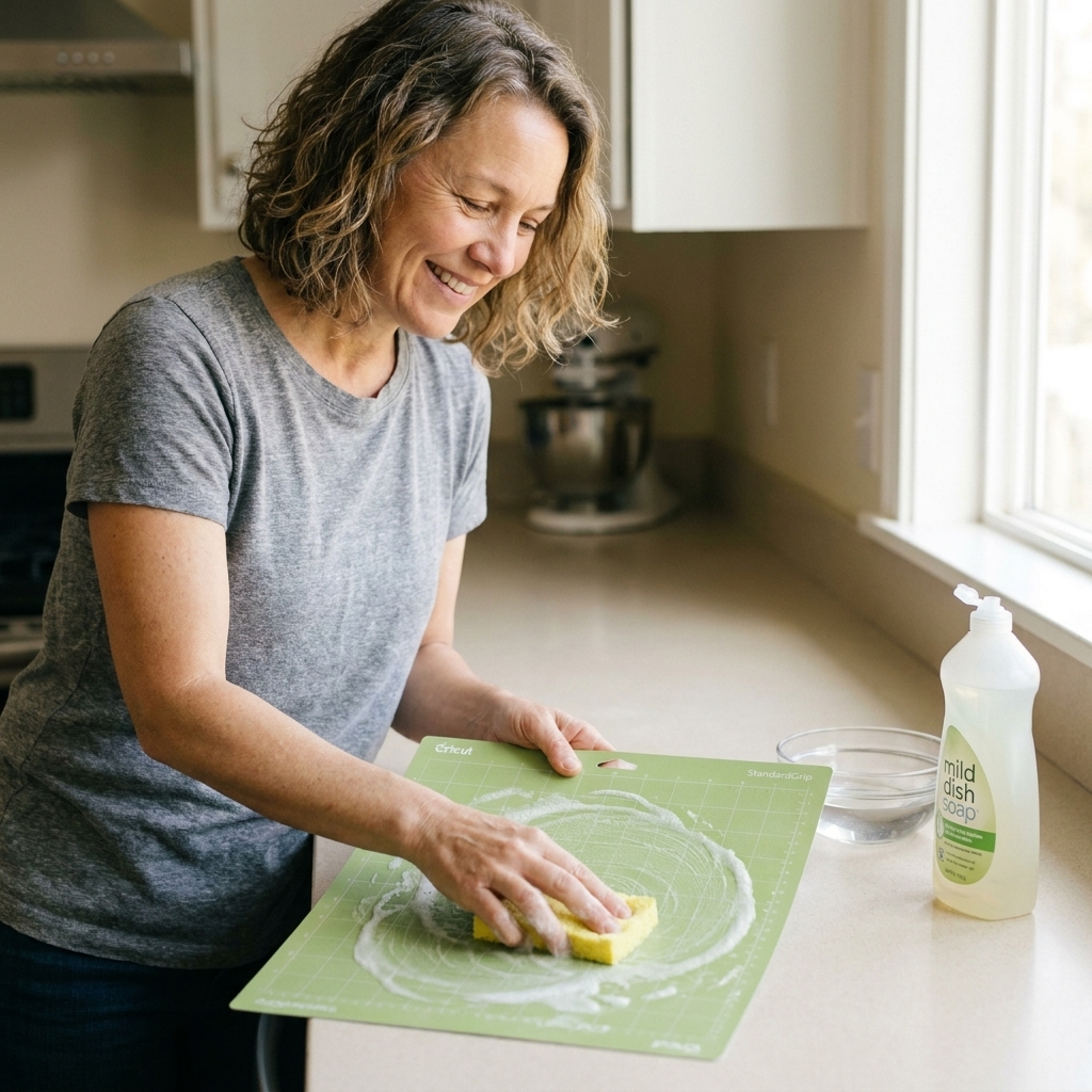 A green StandardGrip Cricut mat being gently wiped with a damp sponge and mild dish soap on a kitchen counter