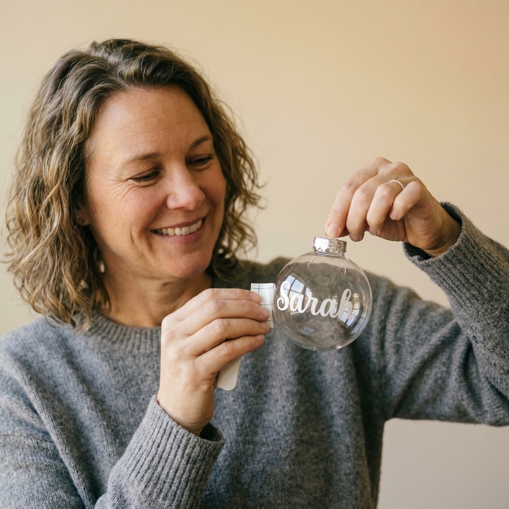 A hand applying a small name decal in permanent vinyl onto a round glass ornament while holding it carefully by the top