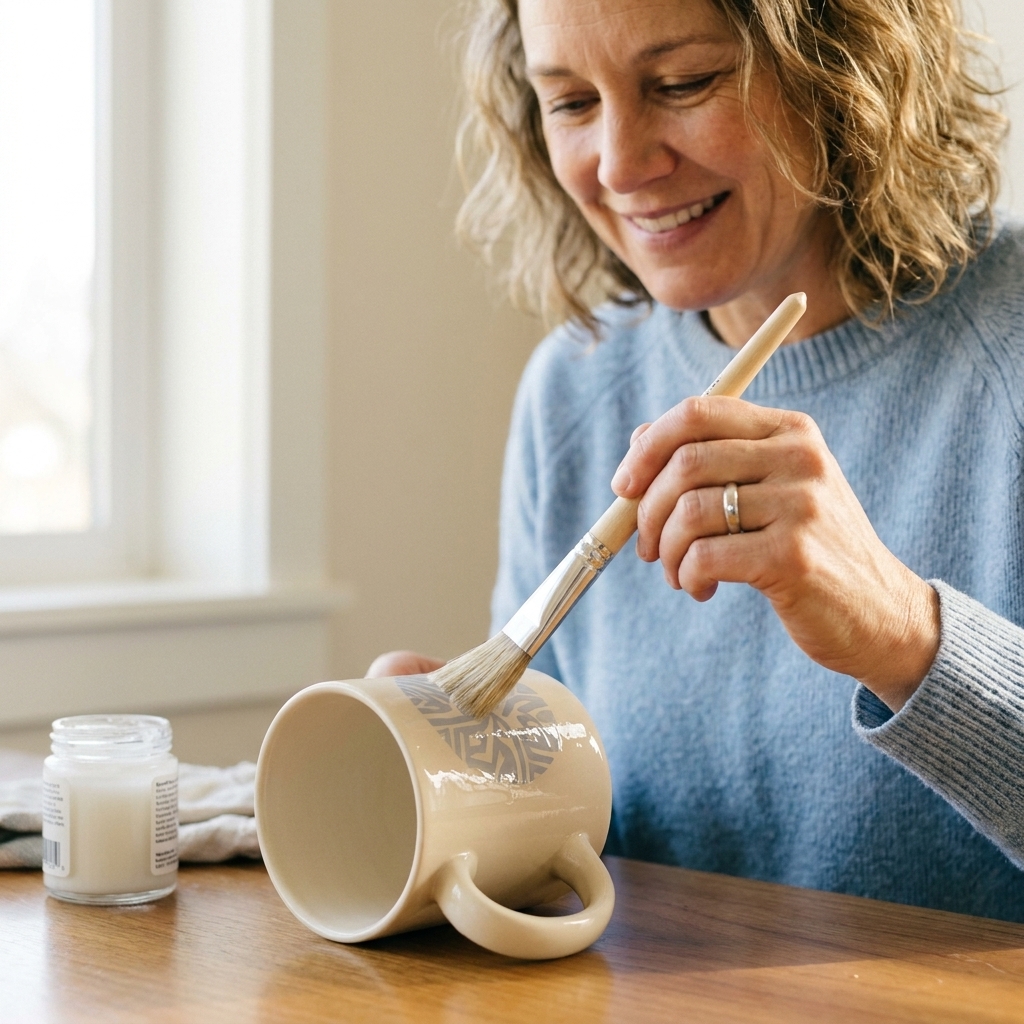 A hand applying a thin coat of clear sealer over a vinyl decal on a ceramic mug using a soft paintbrush