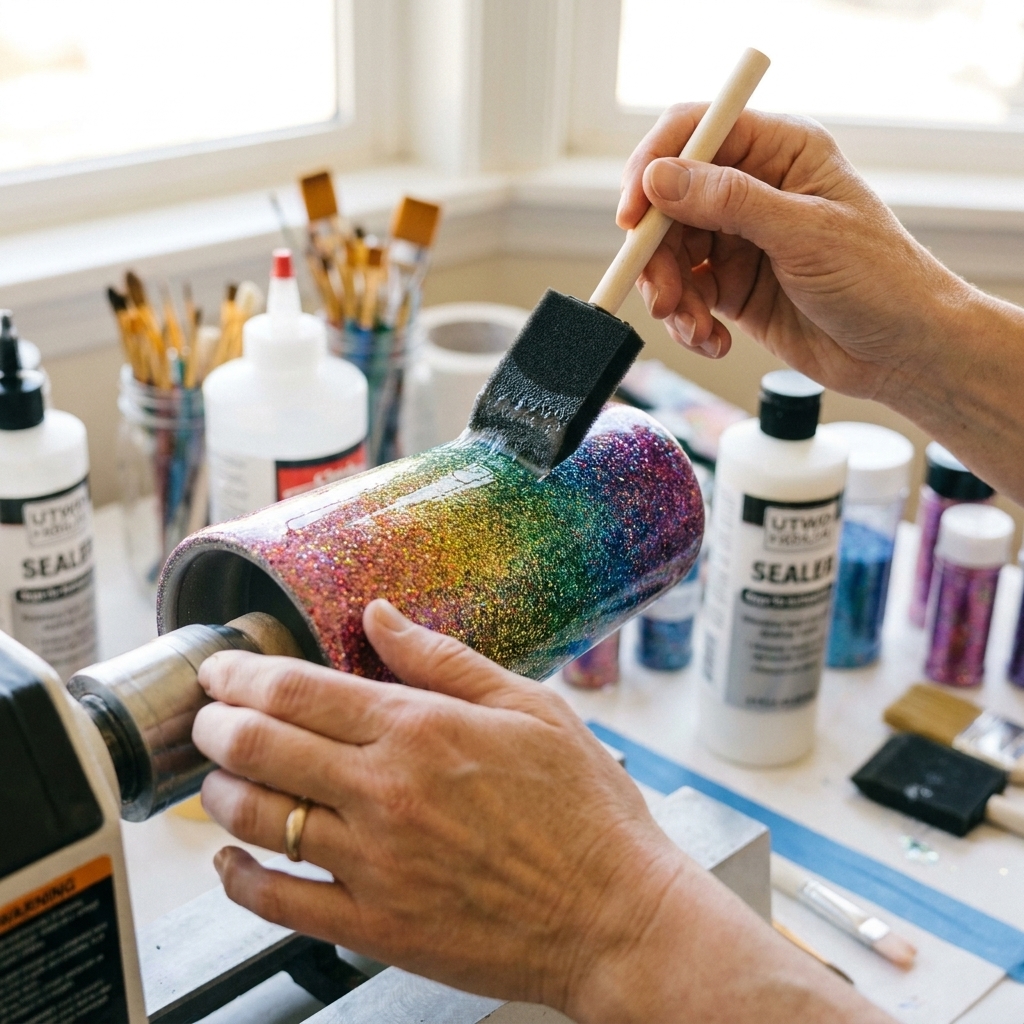 A hand applying a thin coat of clear sealer to a glitter tumbler using a foam brush