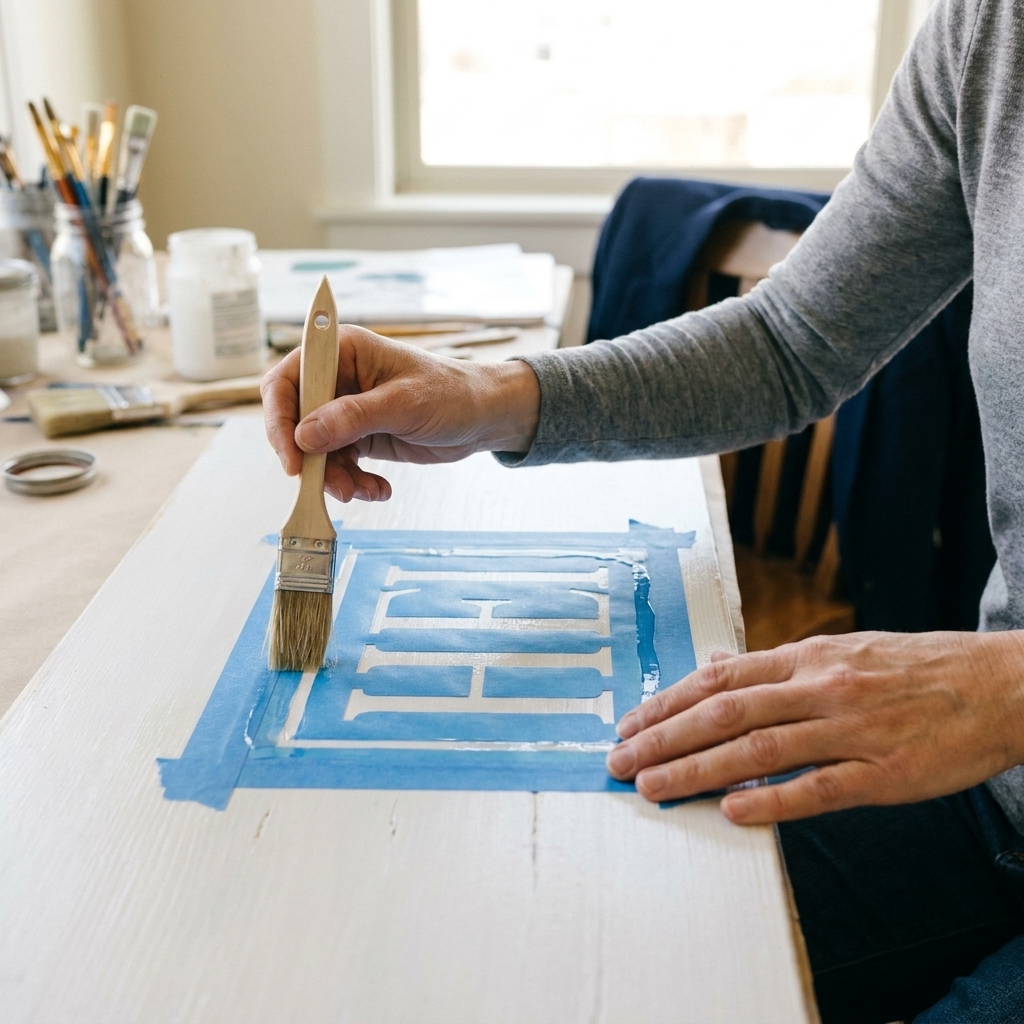A hand brushing a thin layer of clear sealer along the edge of a vinyl stencil on a painted wood board