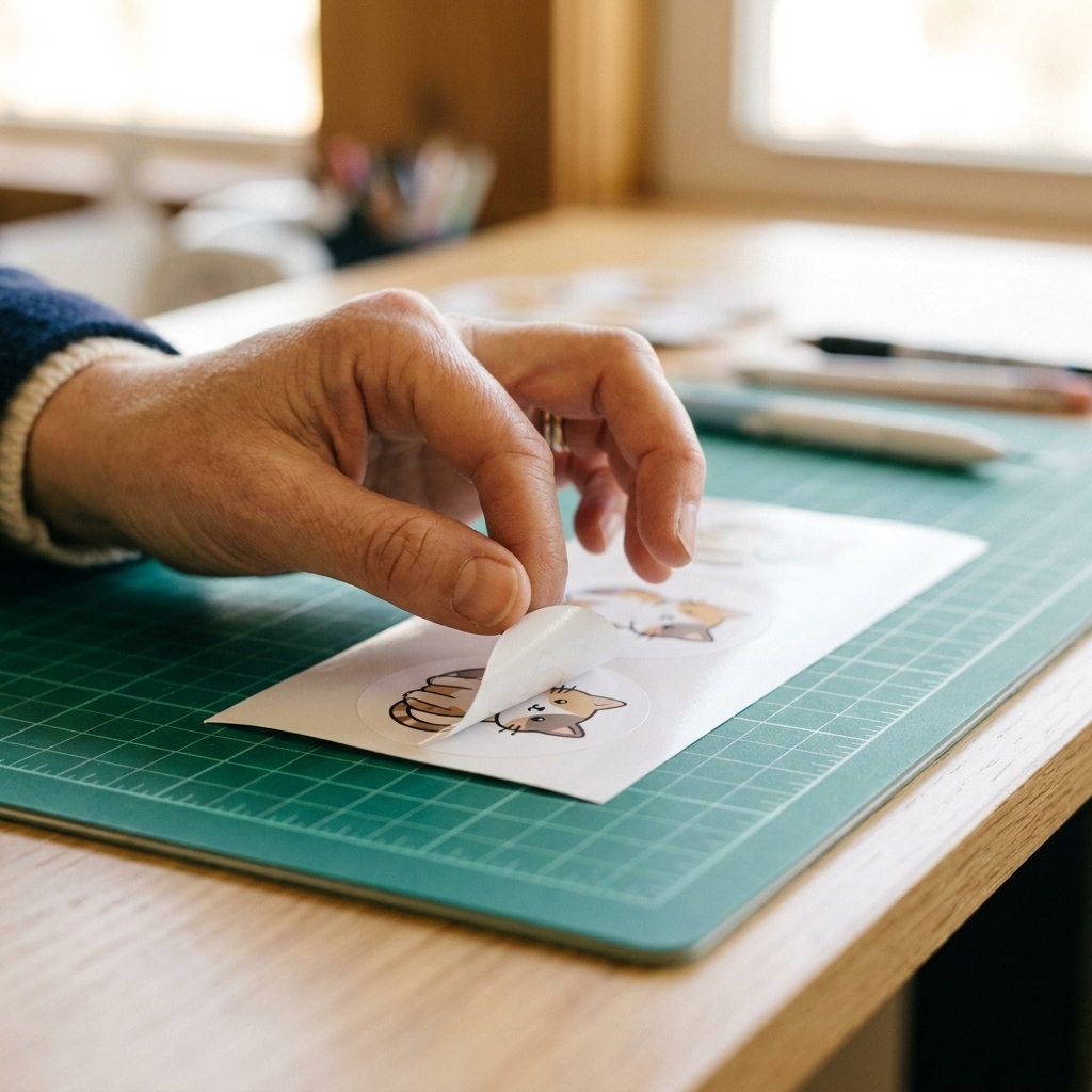 A hand peeling a single sticker from a kiss-cut sticker sheet while the backing paper stays flat on the mat