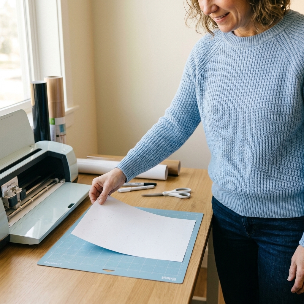 A hand placing a sheet of printable sticker paper onto a blue Cricut LightGrip mat on a crafting table