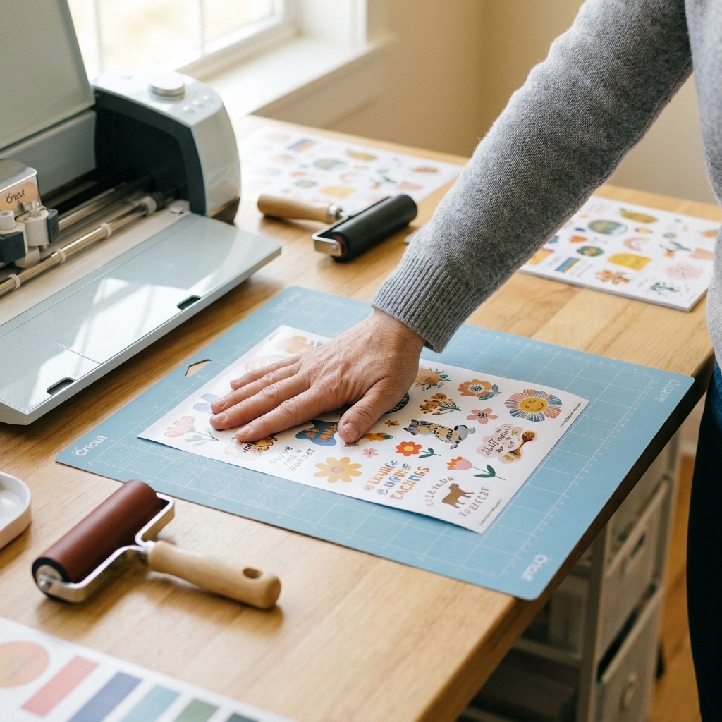 A hand pressing a printed sticker sheet onto a Cricut LightGrip mat on a craft table