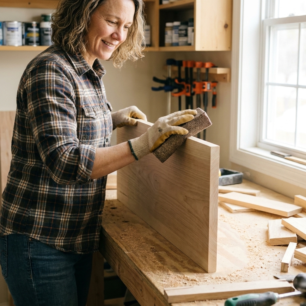 A hand sanding an unfinished wooden sign blank with a sanding sponge on a workbench