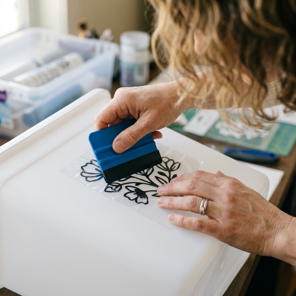 A hand using a plastic scraper tool to burnish clear transfer tape over a vinyl decal on a smooth plastic surface, with the scraper angled low
