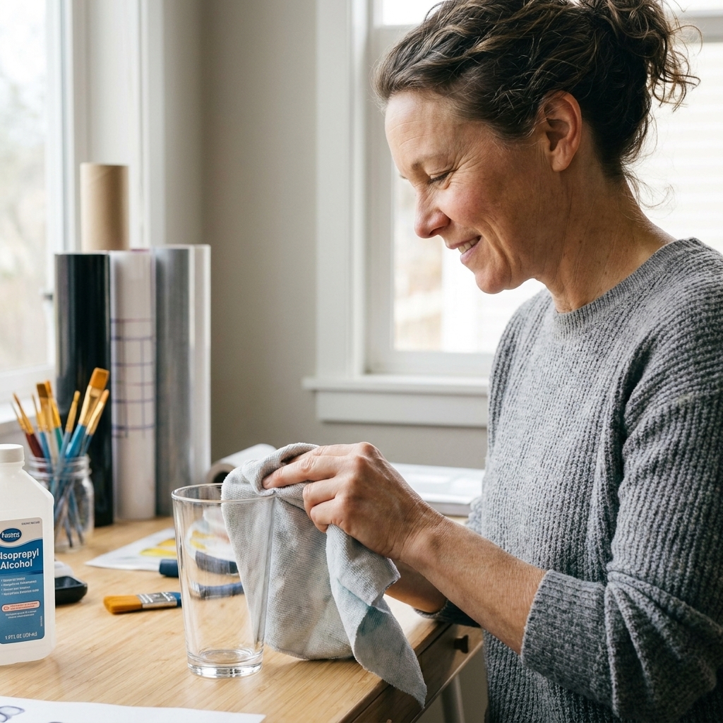 A hand wiping a clear glass tumbler with a lint-free cloth dampened with isopropyl alcohol on a crafting desk