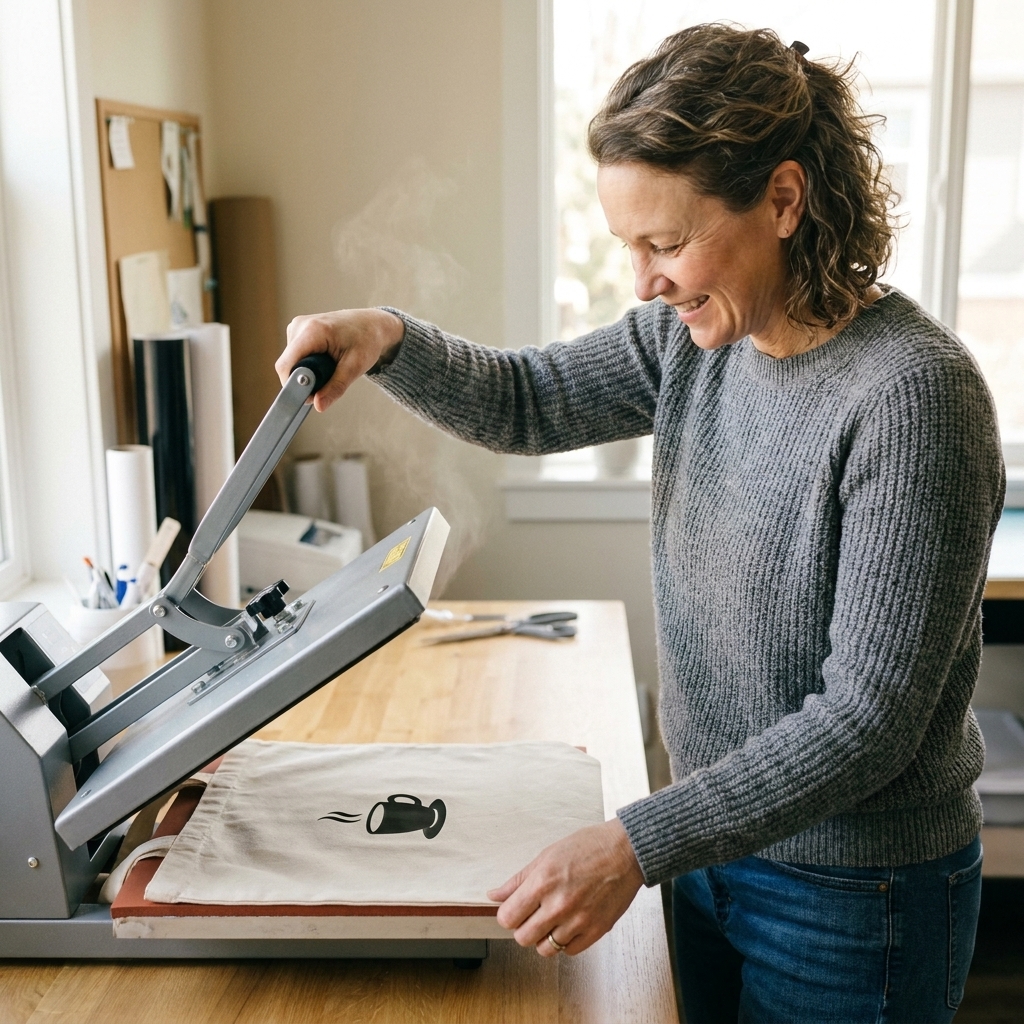 A heat press being used on a plain canvas tote bag with a small iron-on design centered on the front