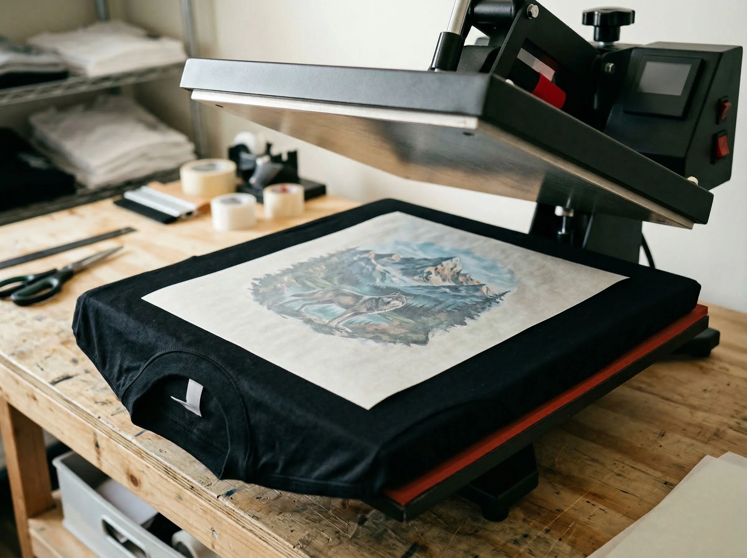 A heat press with a parchment paper sheet being lifted to reveal faint transfer marks after pre-pressing a dark polyester fabric
