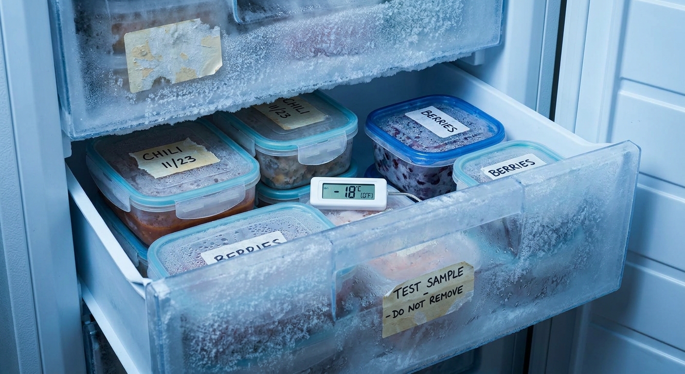 A home freezer drawer pulled open with several plastic containers inside, showing a frosty environment suitable for testing label durability