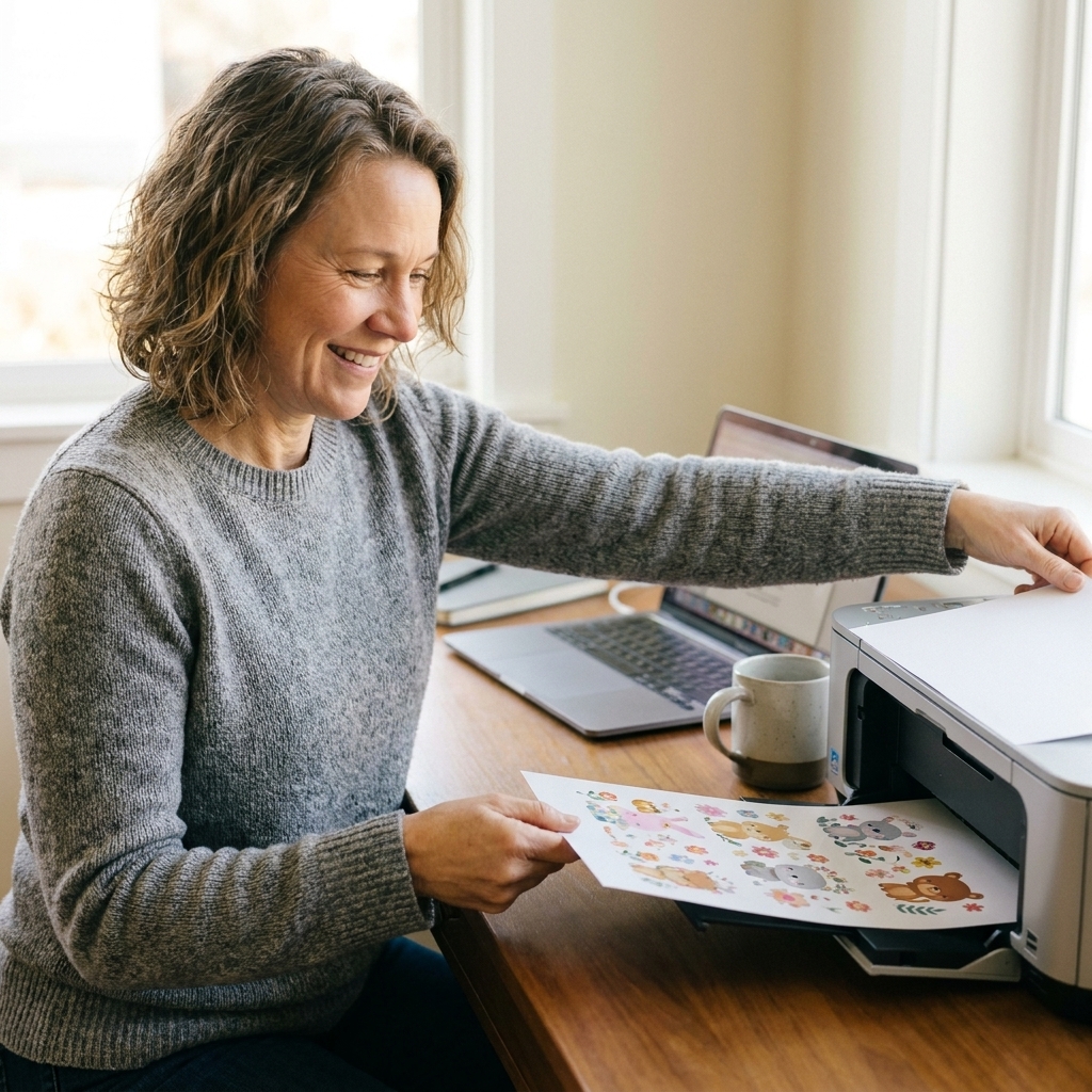 A home inkjet printer feeding a sheet of printable sticker paper with a colorful sticker sheet design