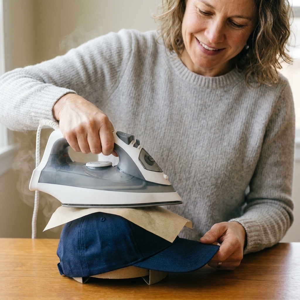 A household iron being pressed straight down over parchment paper on the front of a baseball cap supported from the inside