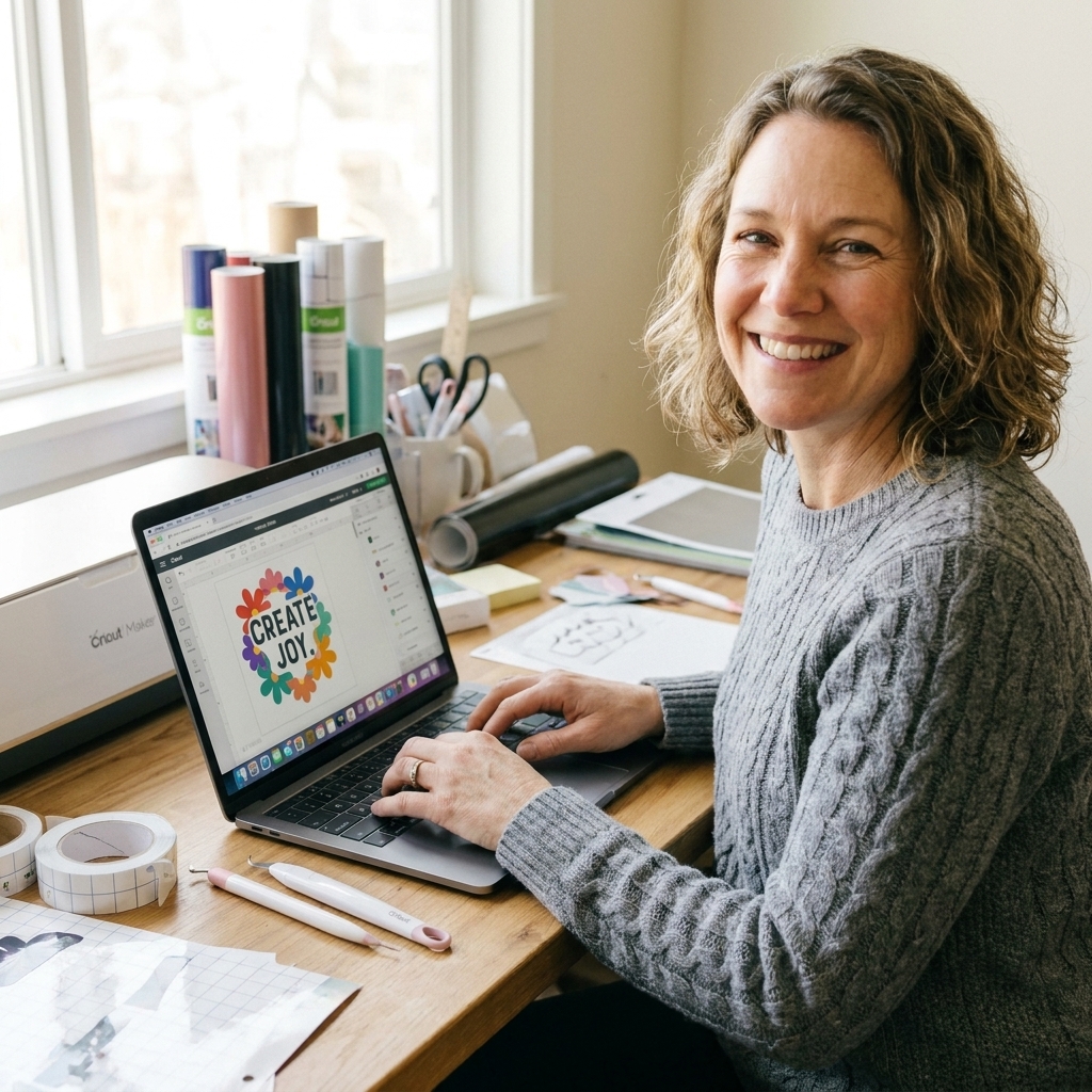 A laptop on a craft desk displaying Cricut Design Space with layered shapes and text on the canvas