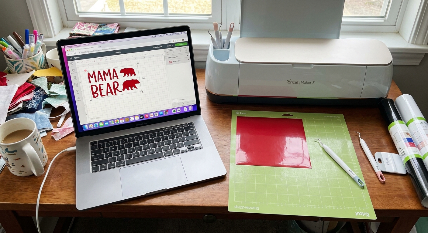 A laptop on a craft desk displaying Cricut Design Space, with vinyl tools and a cutting mat nearby