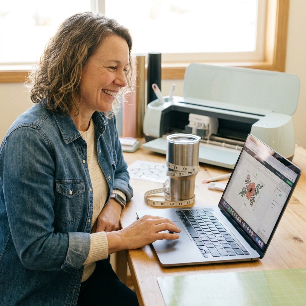 A laptop on a craft table showing a decal design being resized in Cricut Design Space next to a measured tumbler