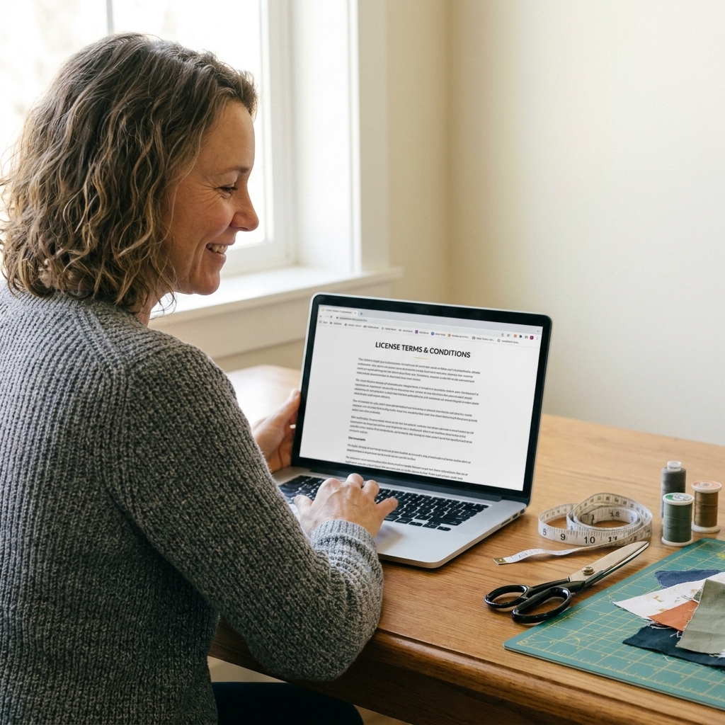 A laptop on a desk with a web page open showing license terms while craft tools sit nearby