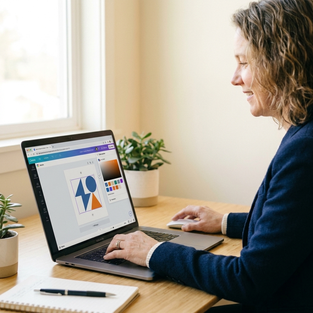 A laptop on a tidy desk showing the Canva editor with an SVG design being resized and recolored
