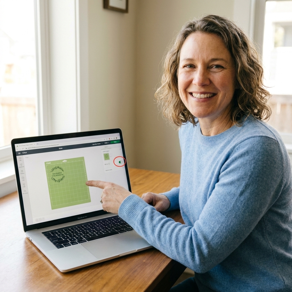 A laptop open to Cricut Design Space at the Make screen with the Mirror option visible near the mat preview