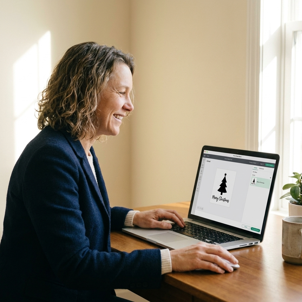 A laptop open to Cricut Design Space showing the upload panel and a simple holiday SVG ready to add to canvas