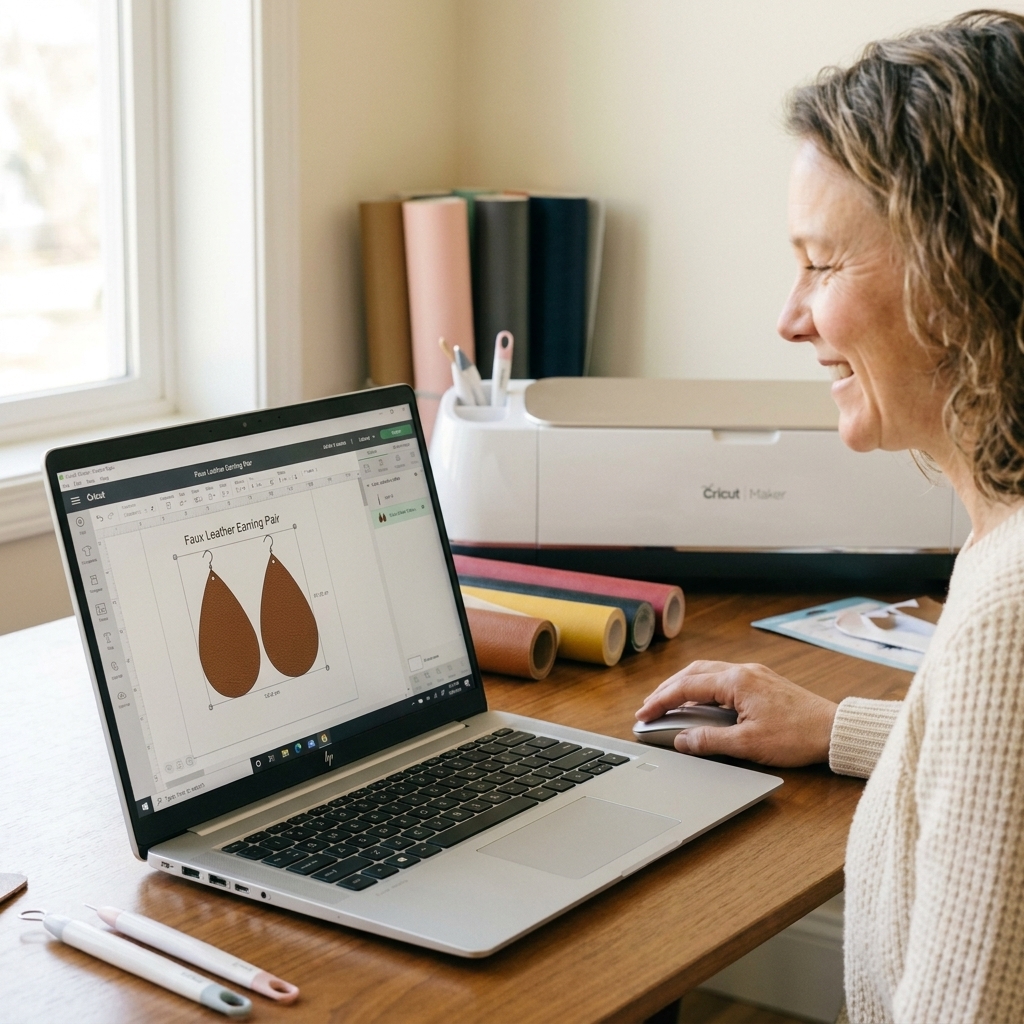 A laptop screen open to Cricut Design Space showing two mirrored faux leather earring shapes sized for a matching pair