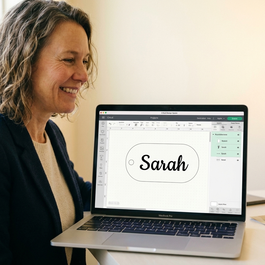 A laptop screen open to Cricut Design Space showing a rounded keychain shape guide with a name decal centered inside