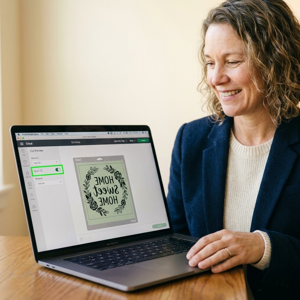 A laptop screen showing Cricut Design Space cut preview with the Mirror toggle turned on for an iron-on vinyl design