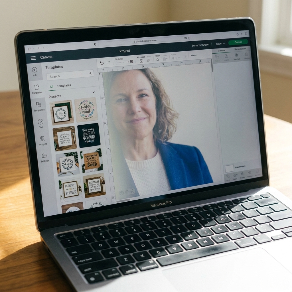 A laptop screen showing Cricut Design Space open on the Canvas with the Templates panel visible