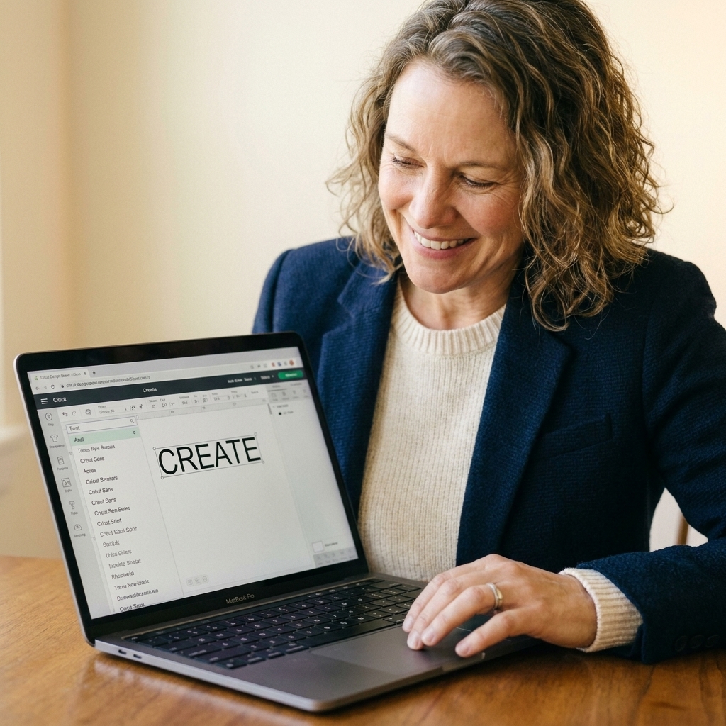 A laptop screen showing Cricut Design Space with a simple word typed on the Canvas and the font list open