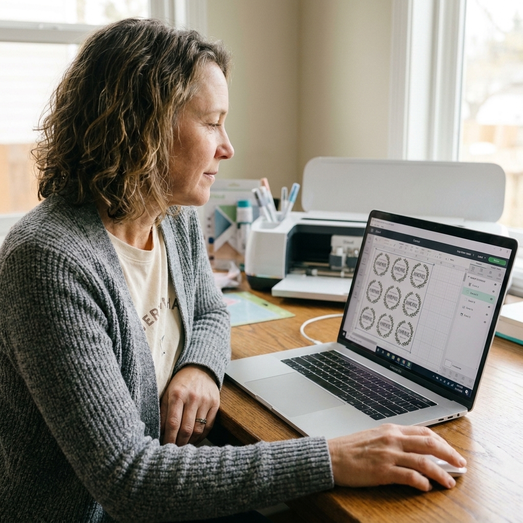 A laptop screen showing Cricut Design Space with repeated label designs created by duplicating a grouped set