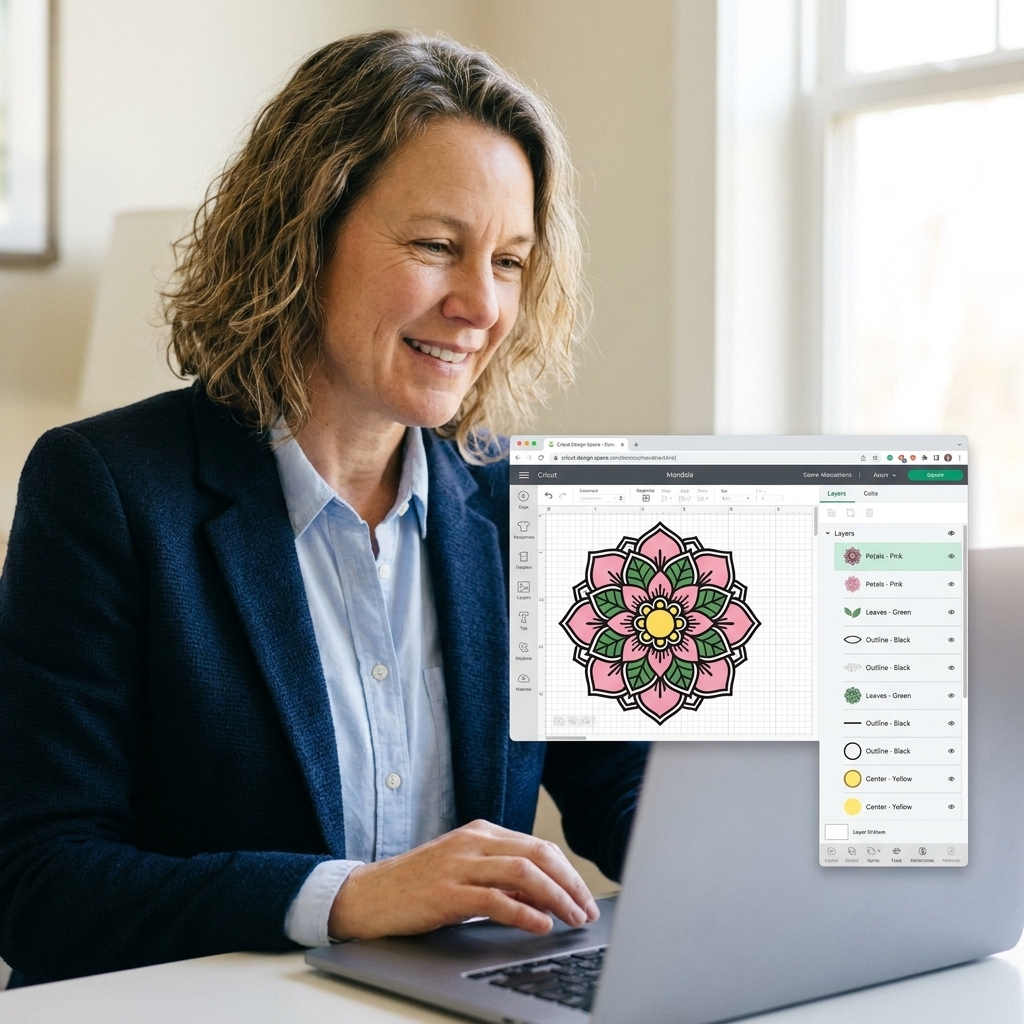 A laptop screen showing Cricut Design Space with the Layers panel open and multiple layers listed for a cut design