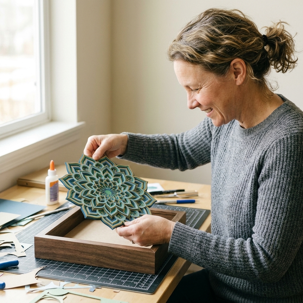 A layered cardstock mandala being placed into a deep shadowbox frame on a crafting table