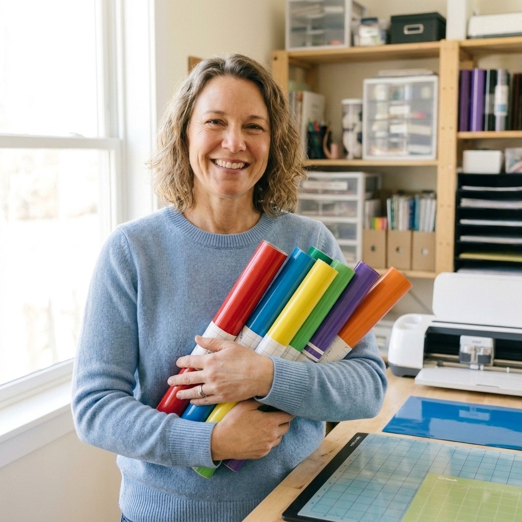 A maker holding several neatly rolled sheets of permanent vinyl in different colors at a crafting workspace
