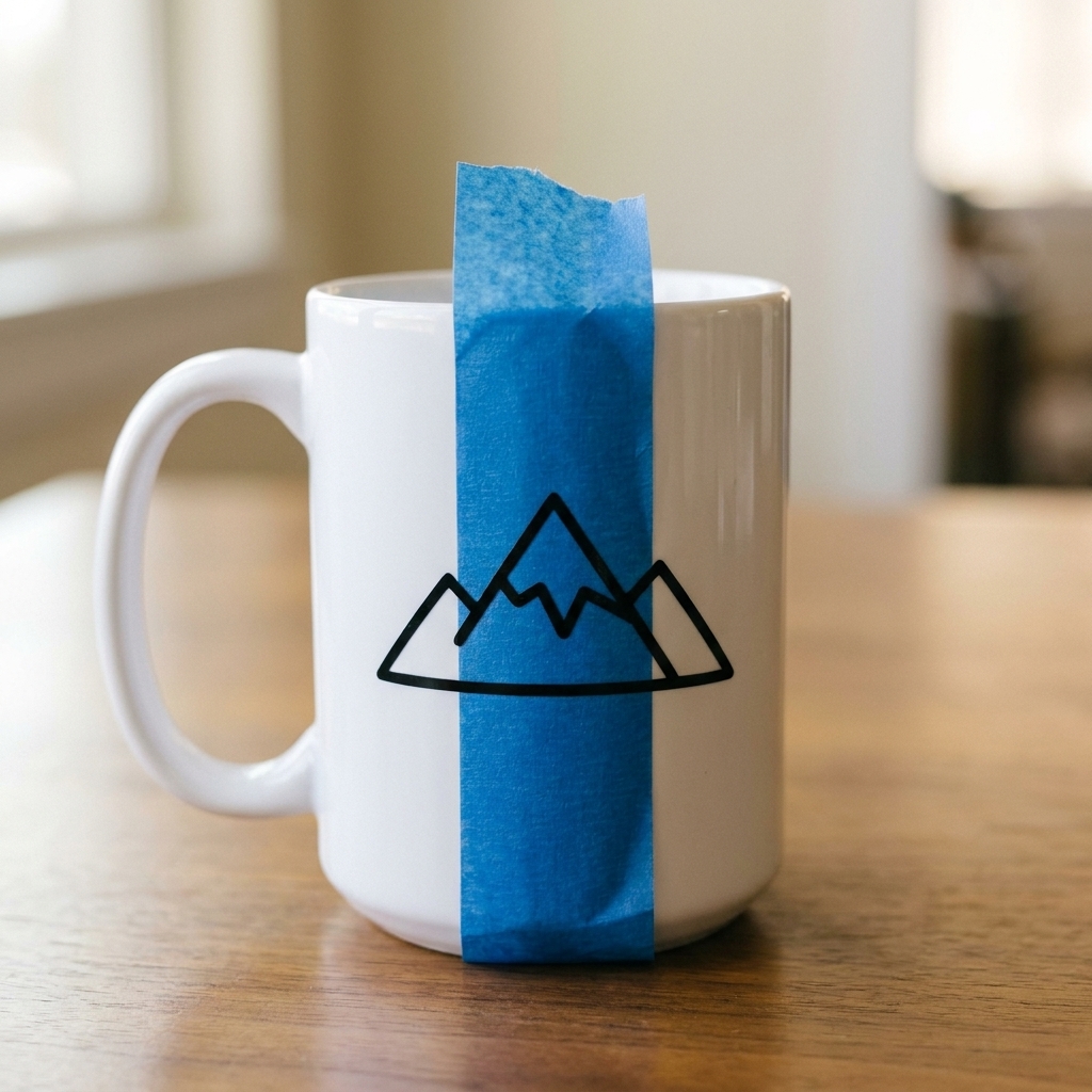 A mug on a table with a vinyl decal held in place by a strip of blue painter’s tape, ready for the hinge application method