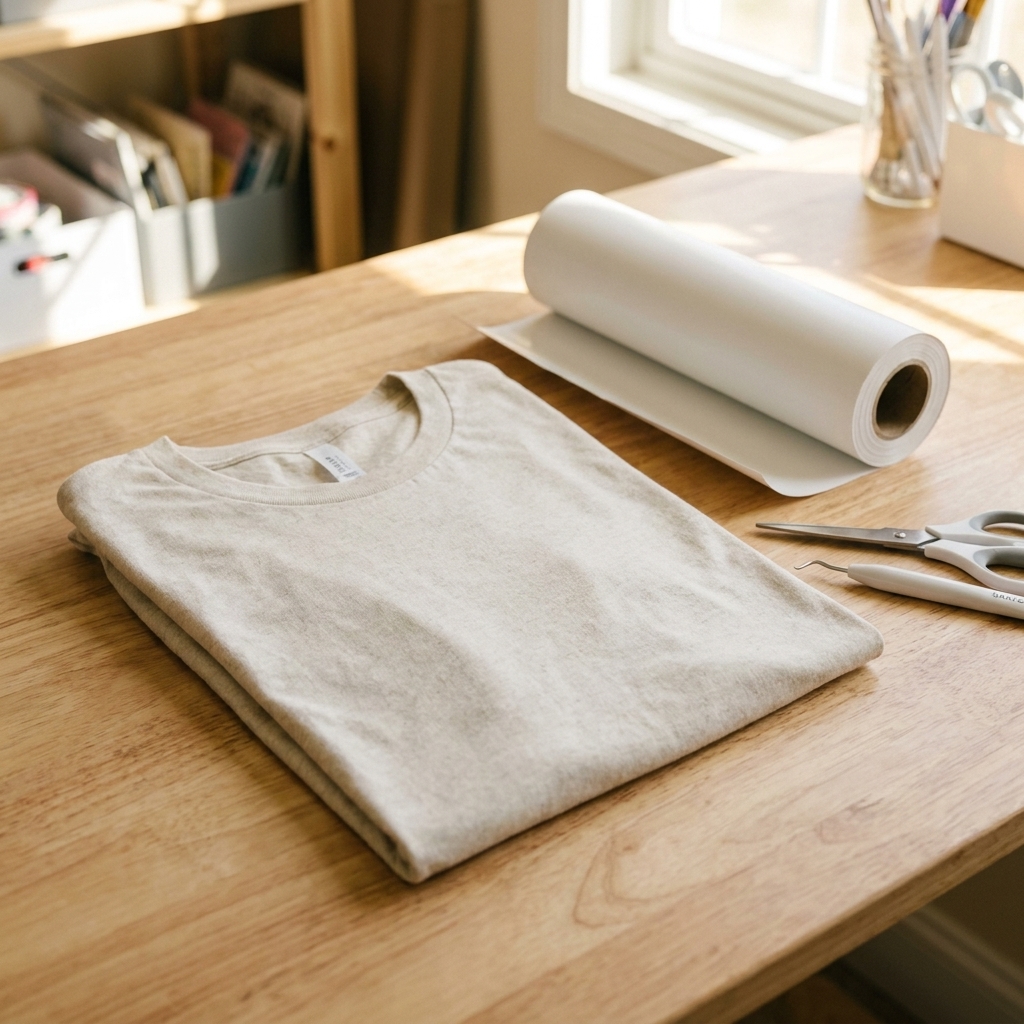 A neatly folded ring-spun cotton t-shirt blank in a neutral color on a craft table next to a roll of heat transfer vinyl