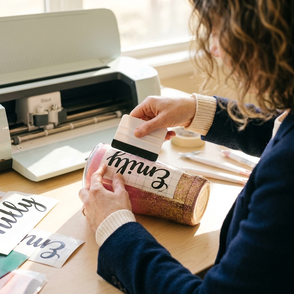 A pair of hands aligning and pressing a vinyl name decal onto a glitter tumbler using a squeegee