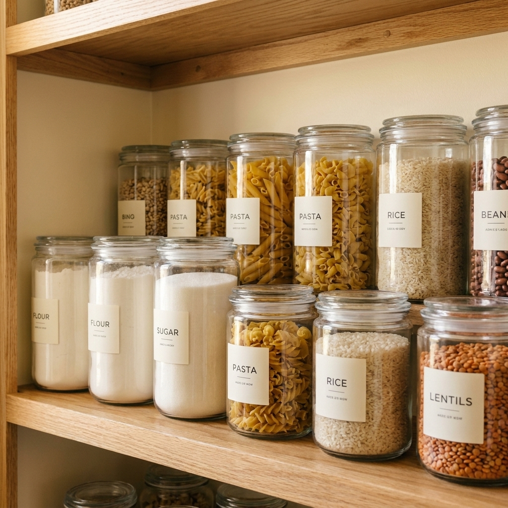 A pantry shelf with clear containers neatly arranged and uniformly labeled on the front of each container