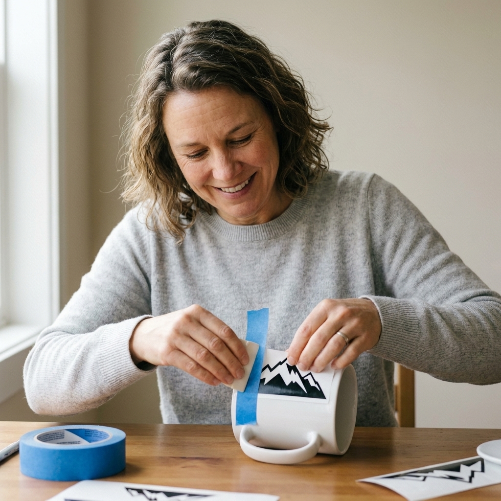 A person aligning and pressing a vinyl decal onto a ceramic mug using painter’s tape as a hinge for straight placement